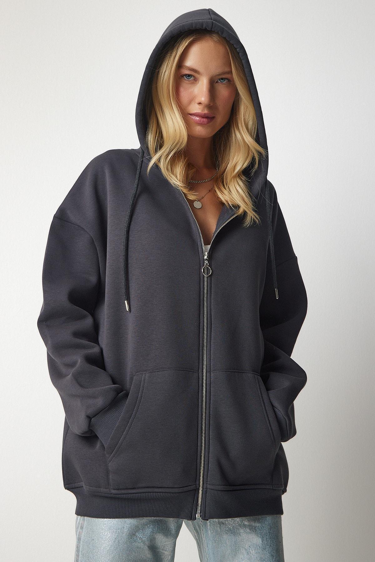 Grey Hooded Zipper Oversized Sweatshirt, , large image number 1