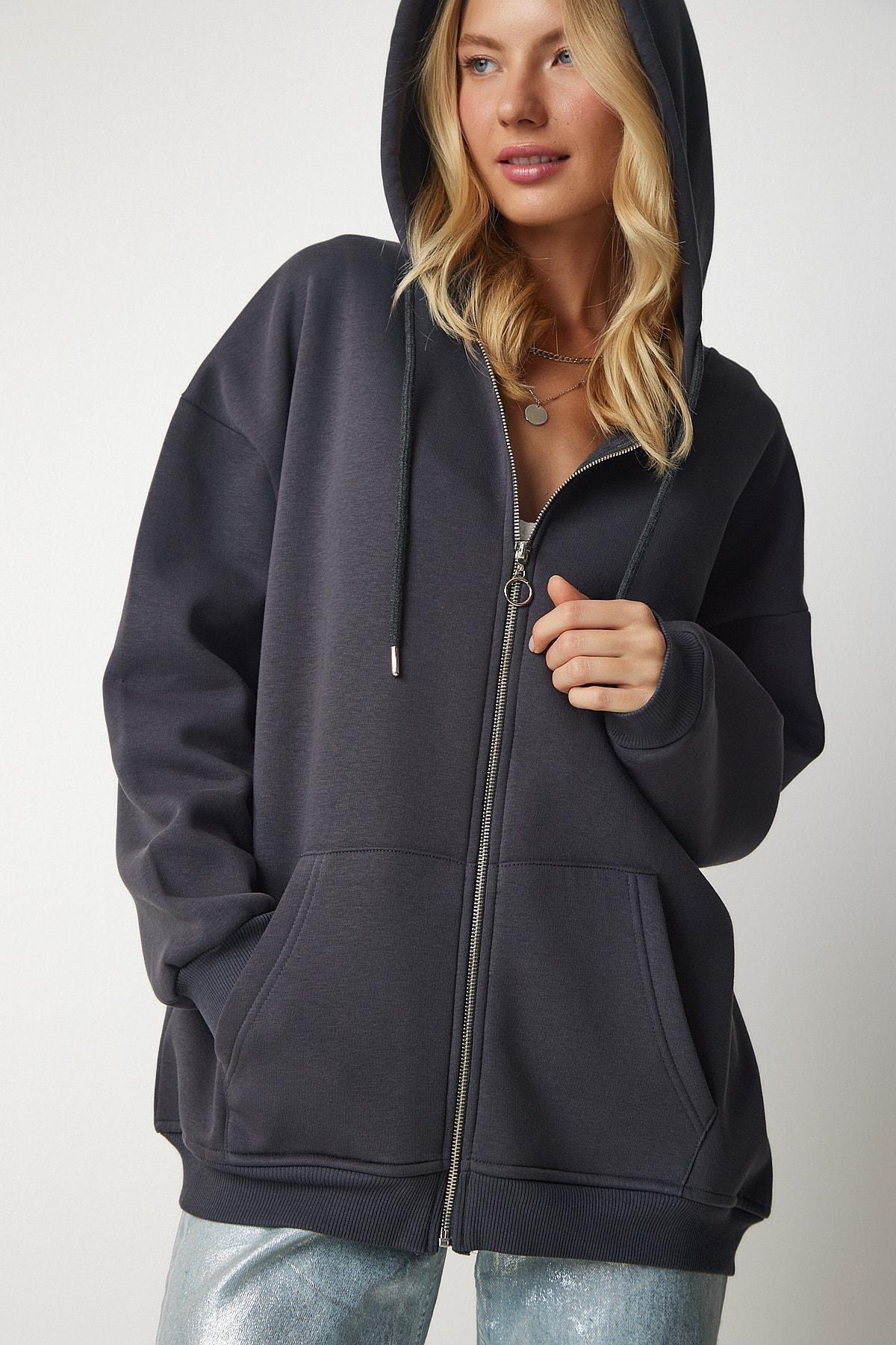 Grey Hooded Zipper Oversized Sweatshirt, , large image number 3