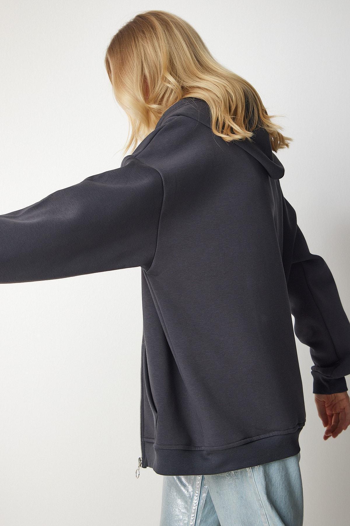 Grey Hooded Zipper Oversized Sweatshirt, , large image number 4