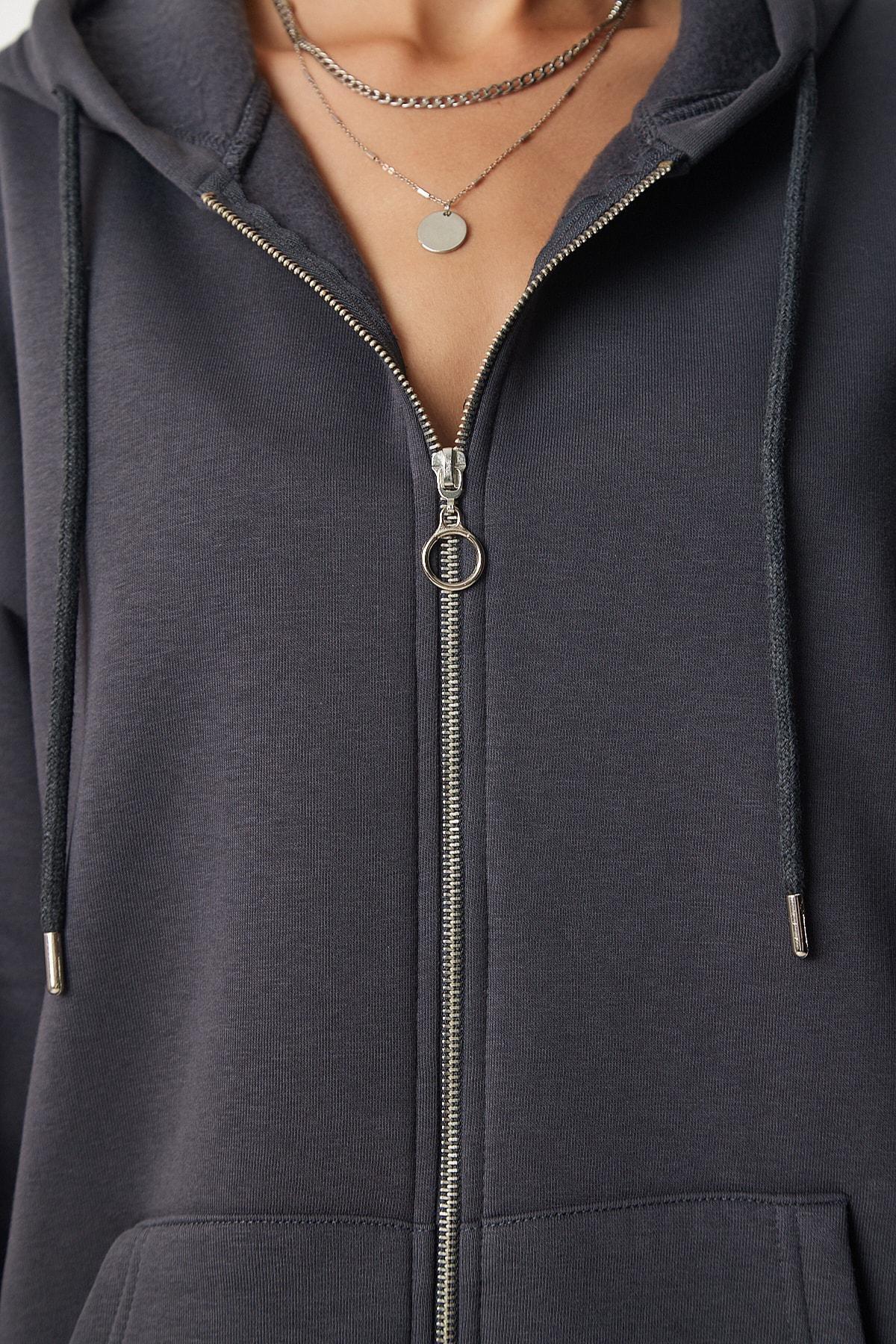 Grey Hooded Zipper Oversized Sweatshirt, , large image number 5