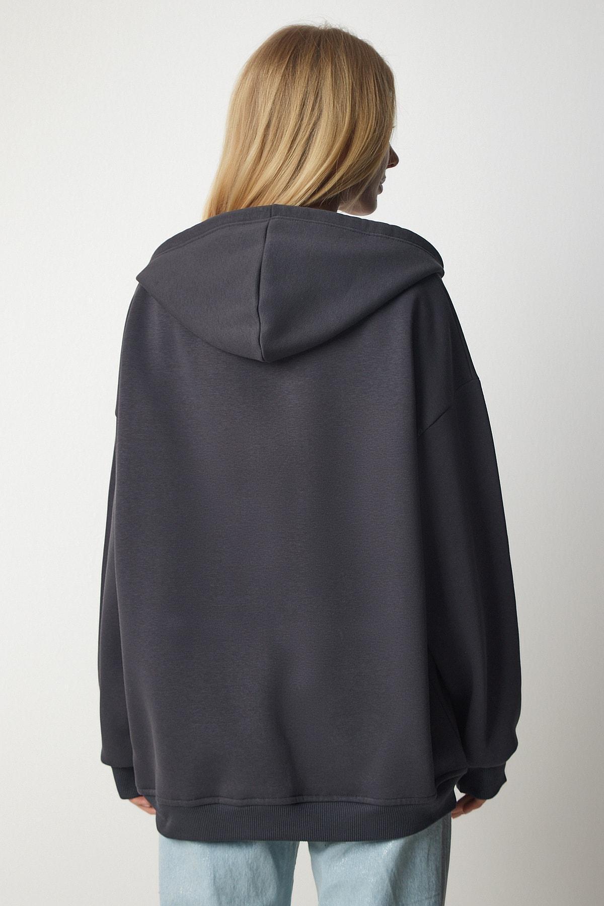 Grey Hooded Zipper Oversized Sweatshirt, , large image number 6