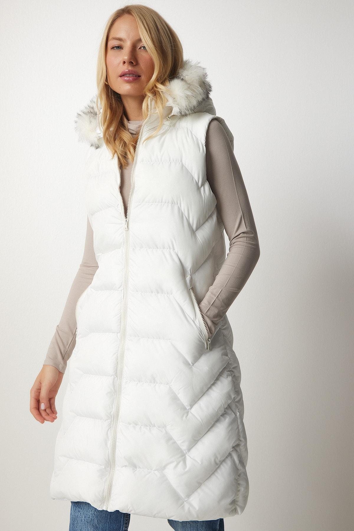 White Hooded Long Inflatable Vest, White, large image number 0