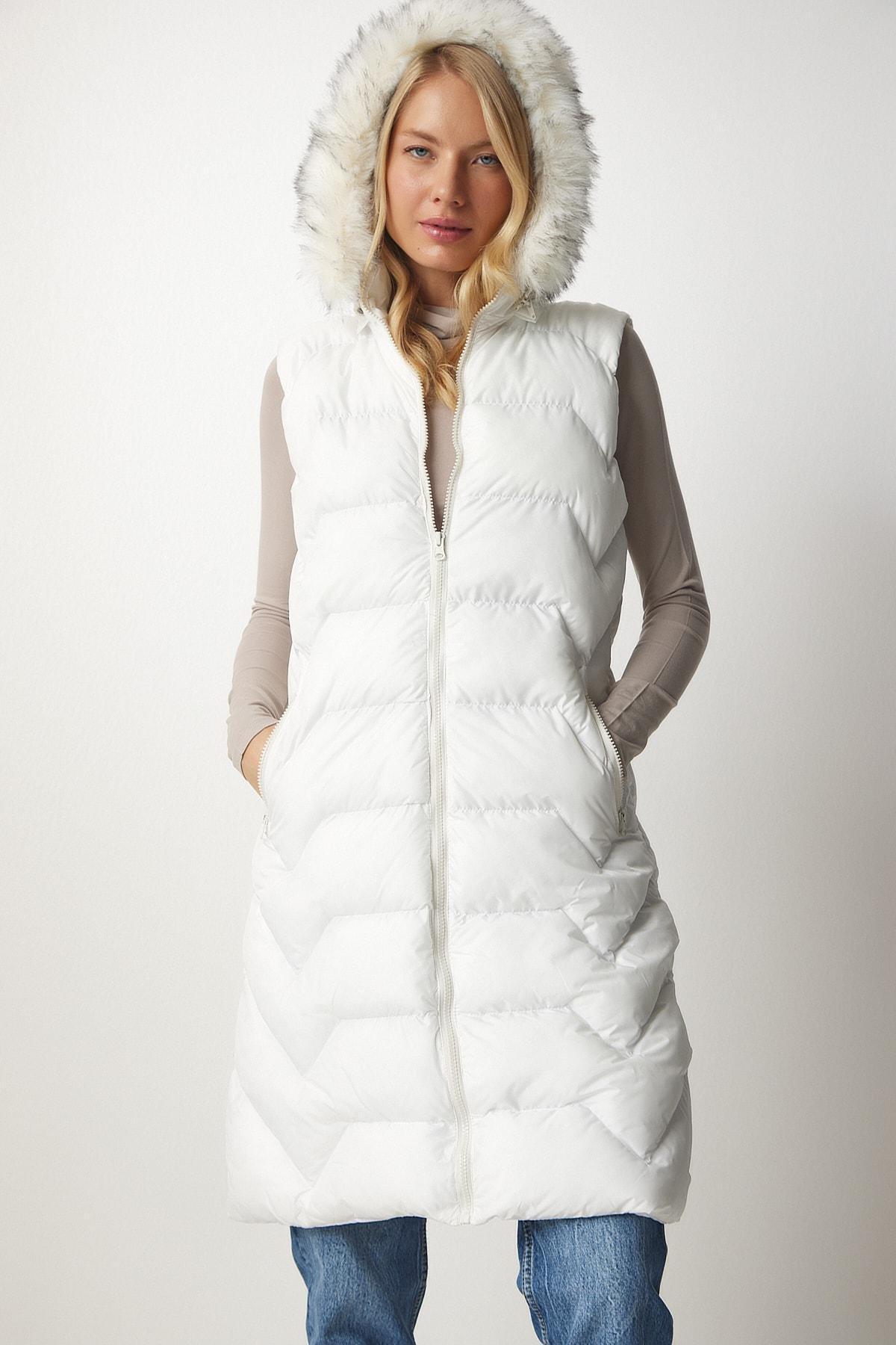 White Hooded Long Inflatable Vest, White, large image number 1