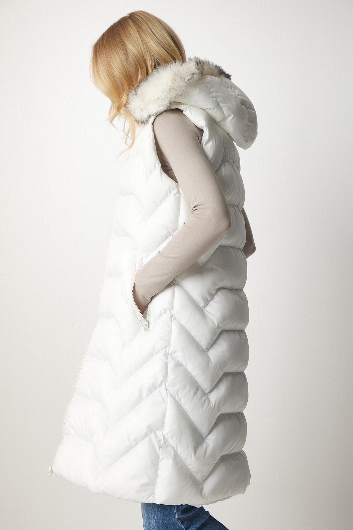 White Hooded Long Inflatable Vest, White, large image number 2