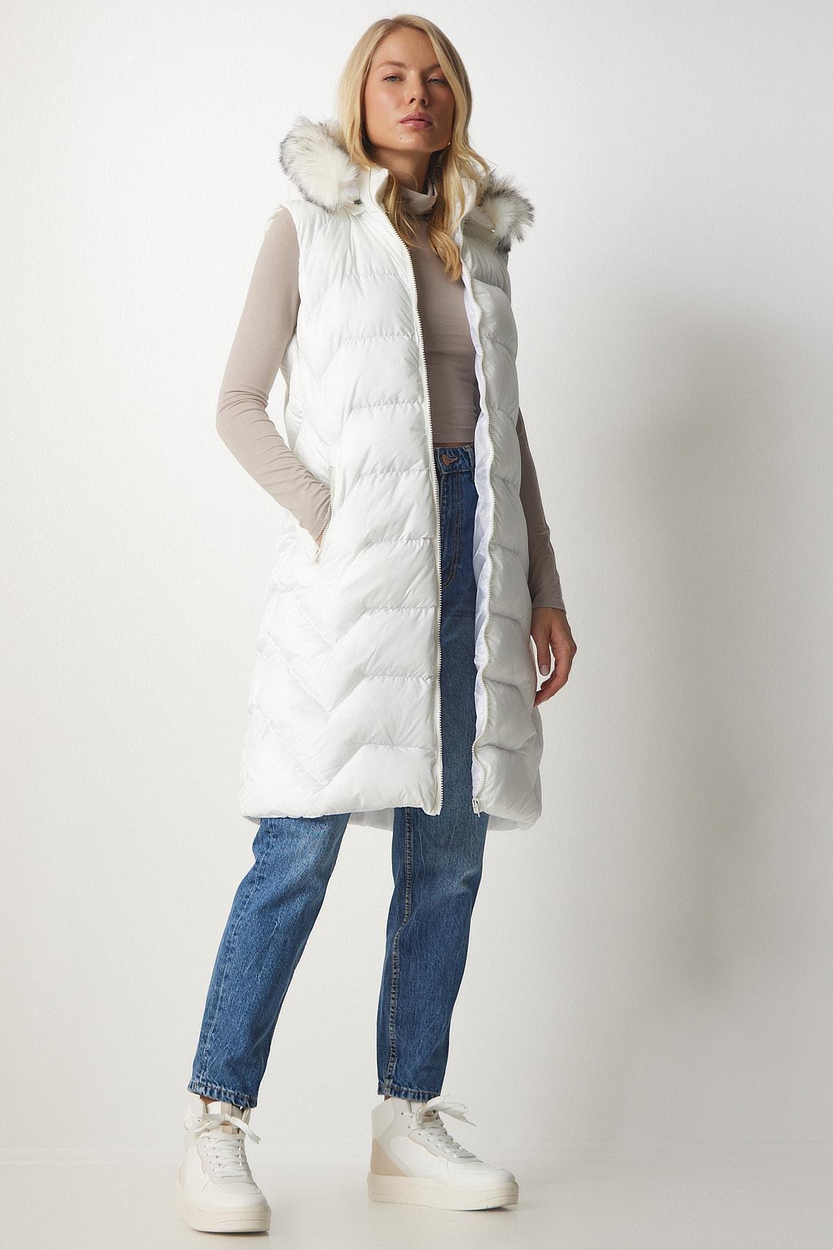 White Hooded Long Inflatable Vest, White, large image number 3