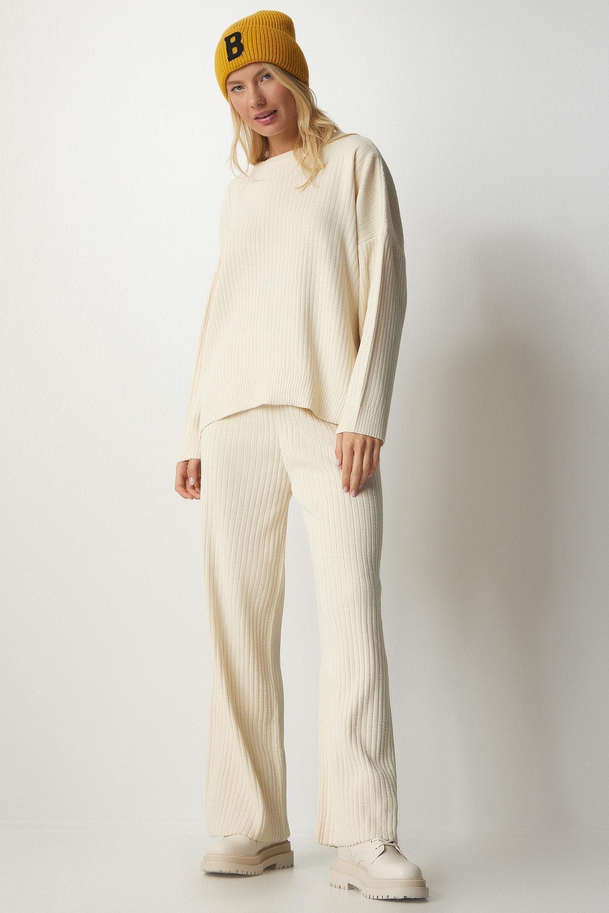 Cream Knitwear Sweater Pants Suit, Cream, large image number 0