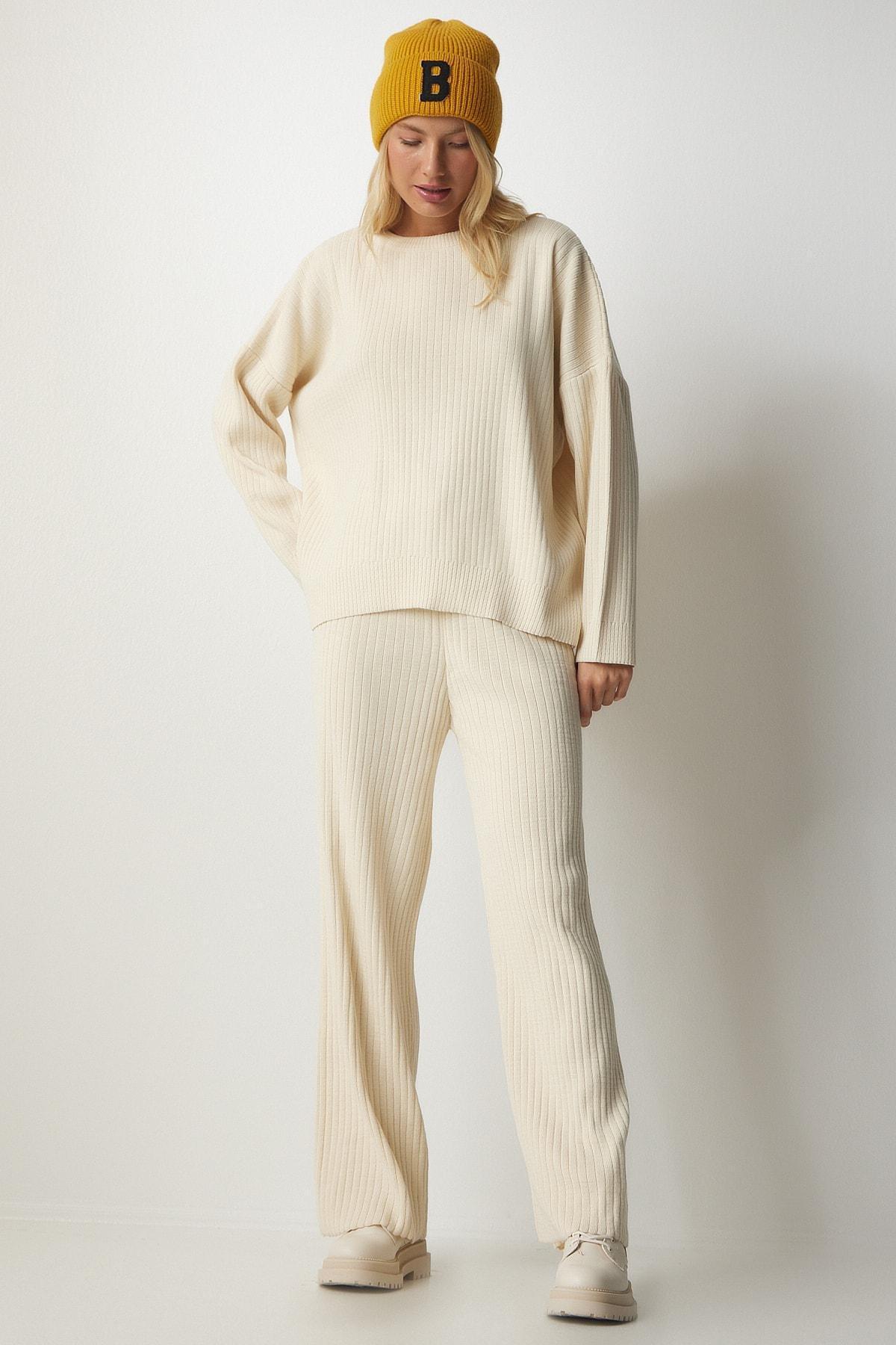 Cream Knitwear Sweater Pants Suit, Cream, large image number 1