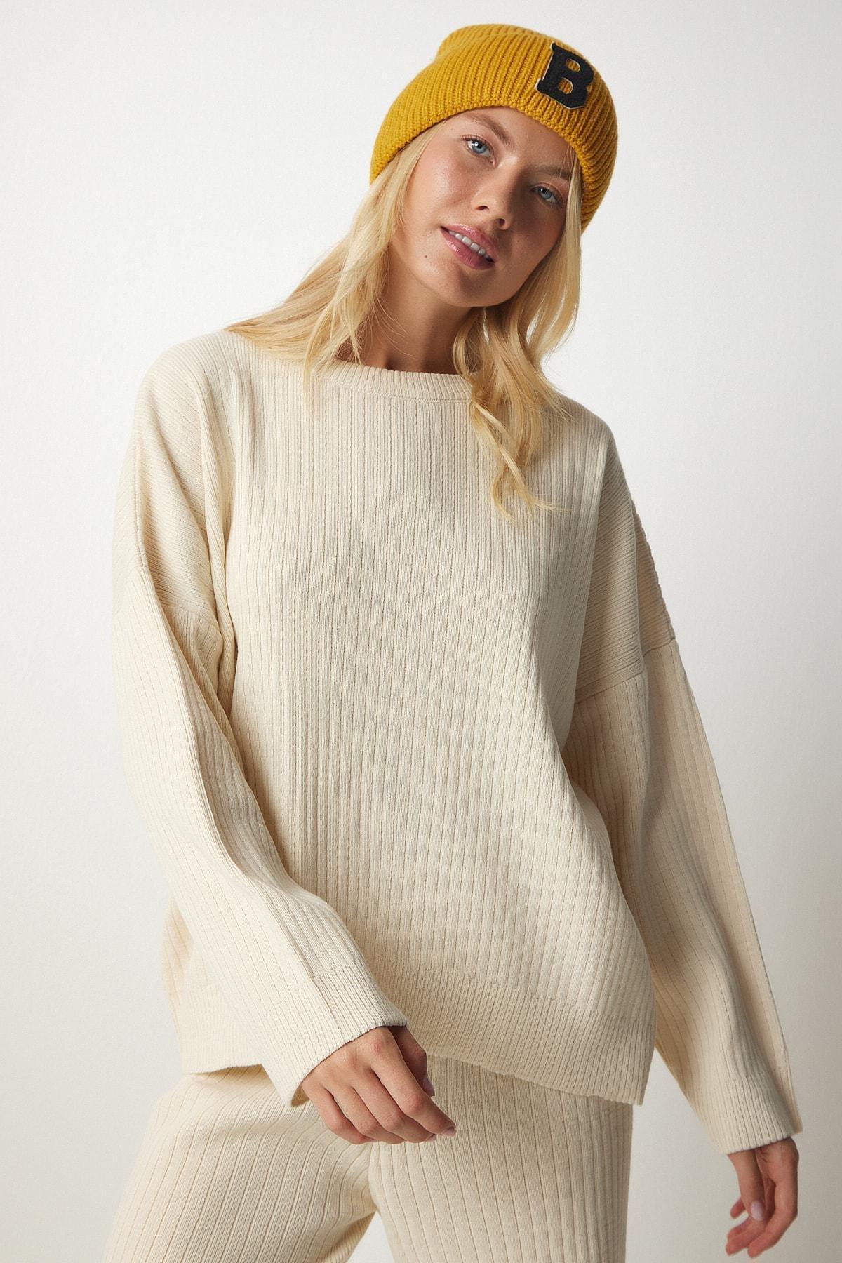 Cream Knitwear Sweater Pants Suit, Cream, large image number 2