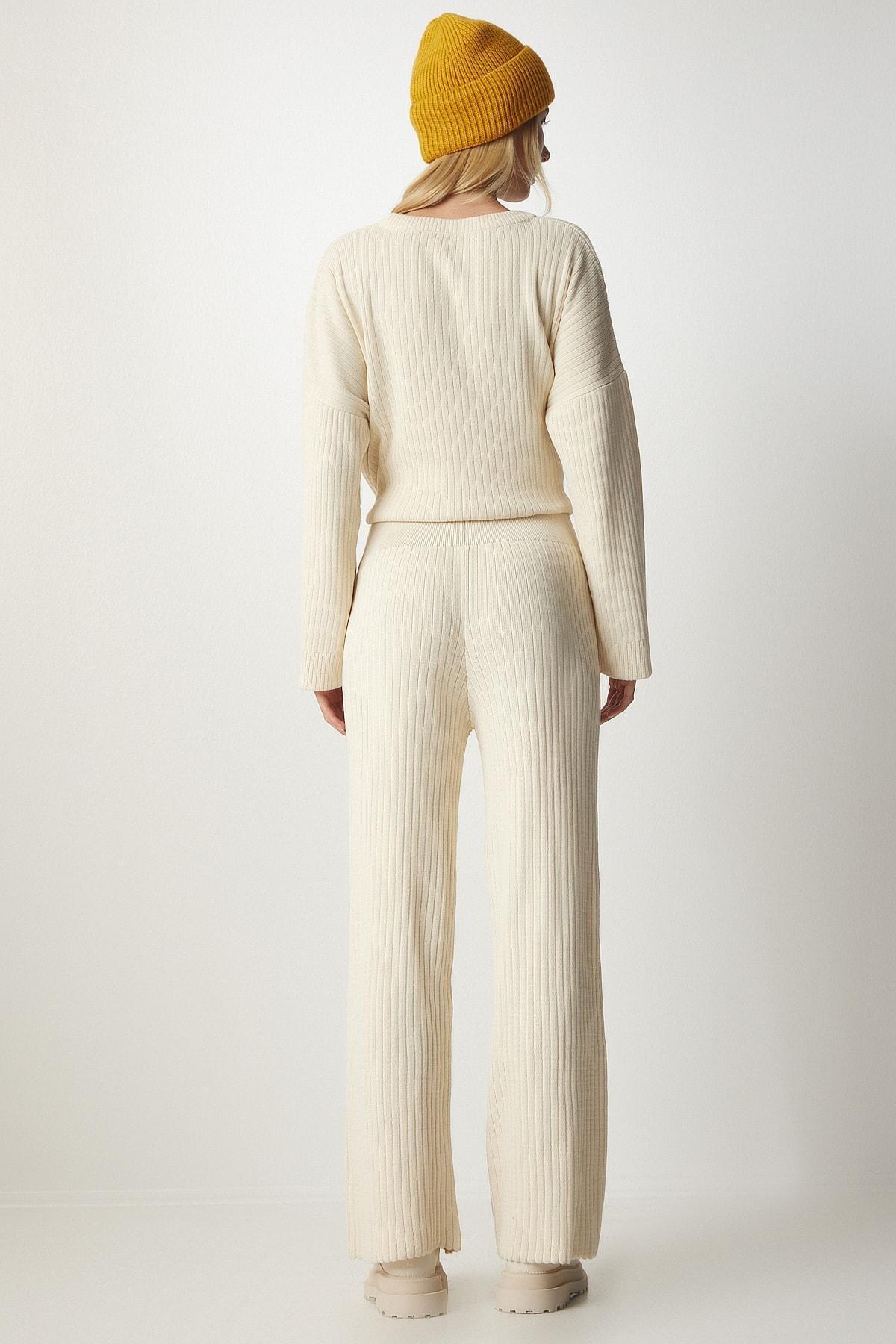 Cream Knitwear Sweater Pants Suit, Cream, large image number 4