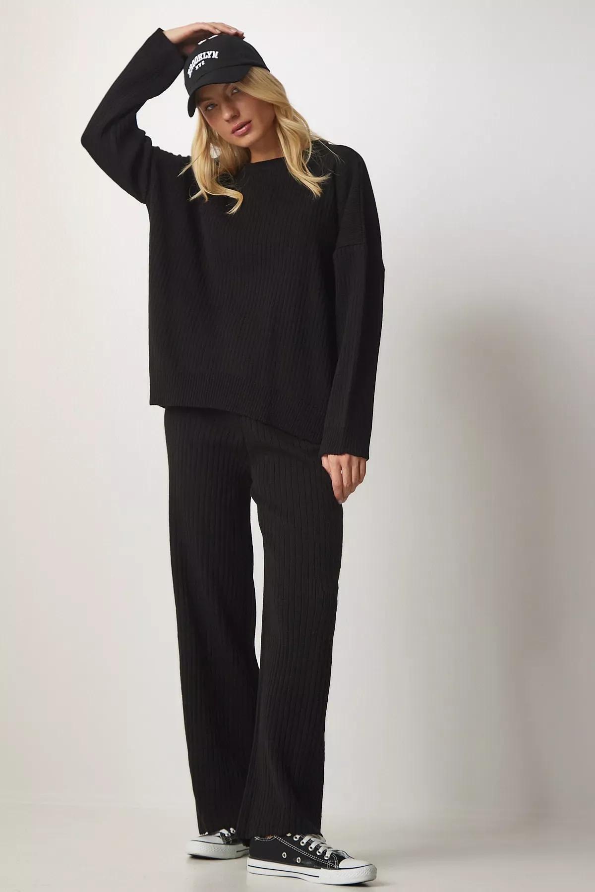 Black Knitwear Sweater Pants Suit, BLACK, large image number 0