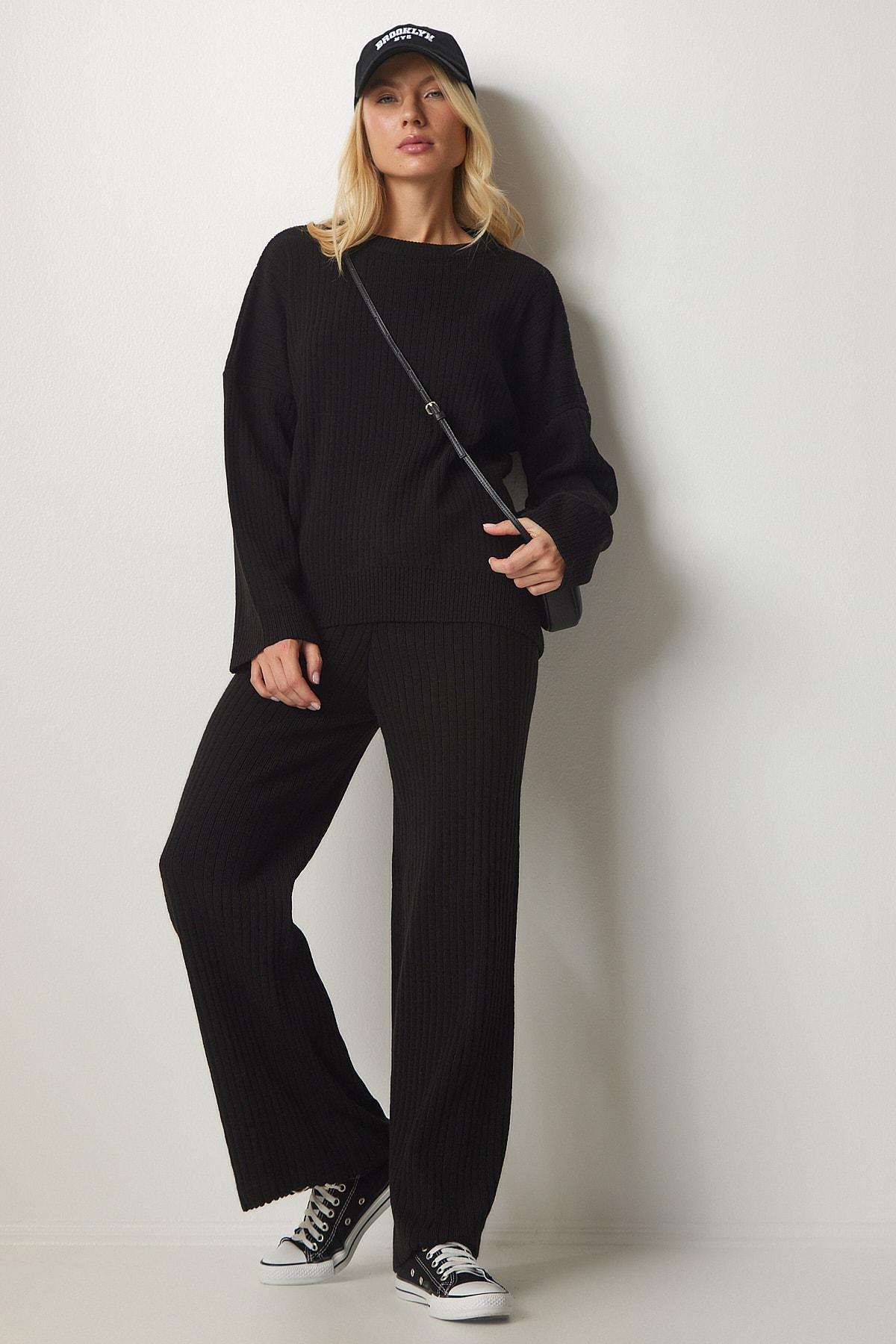 Black Knitwear Sweater Pants Suit, BLACK, large image number 1
