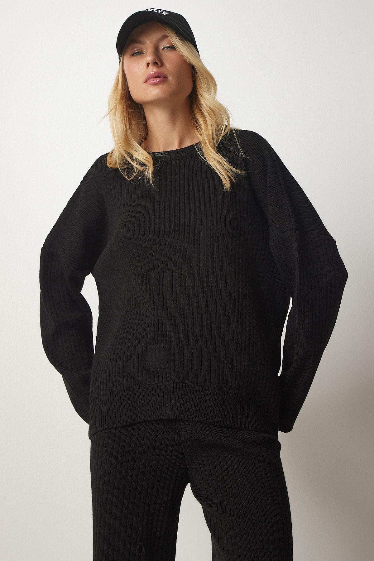 Black Knitwear Sweater Pants Suit, BLACK, large image number 2