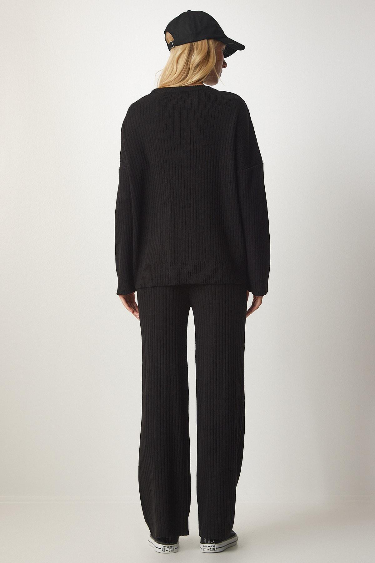 Black Knitwear Sweater Pants Suit, BLACK, large image number 4