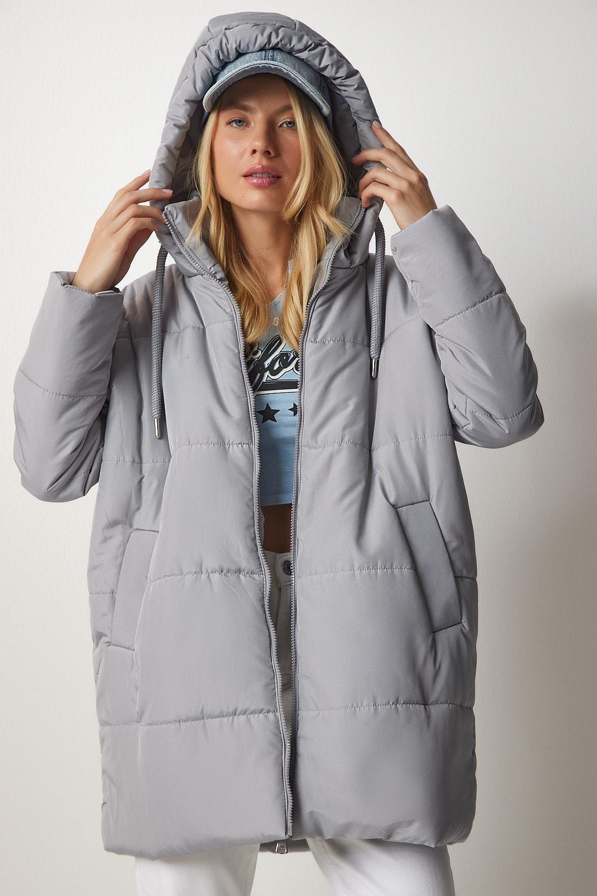 Grey Oversized Puffy Hooded Coat, , large image number 0