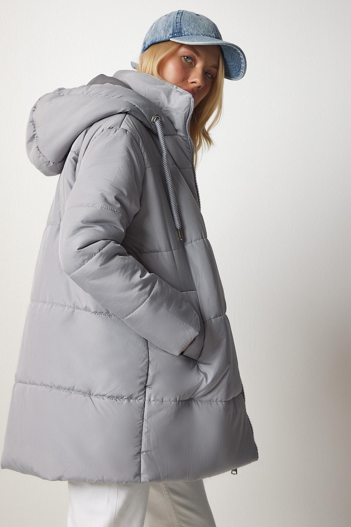 Grey Oversized Puffy Hooded Coat, , large image number 1