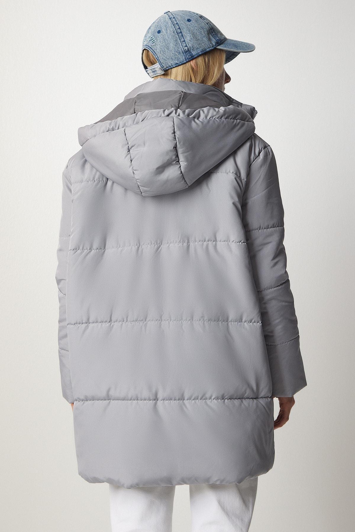 Grey Oversized Puffy Hooded Coat, , large image number 3