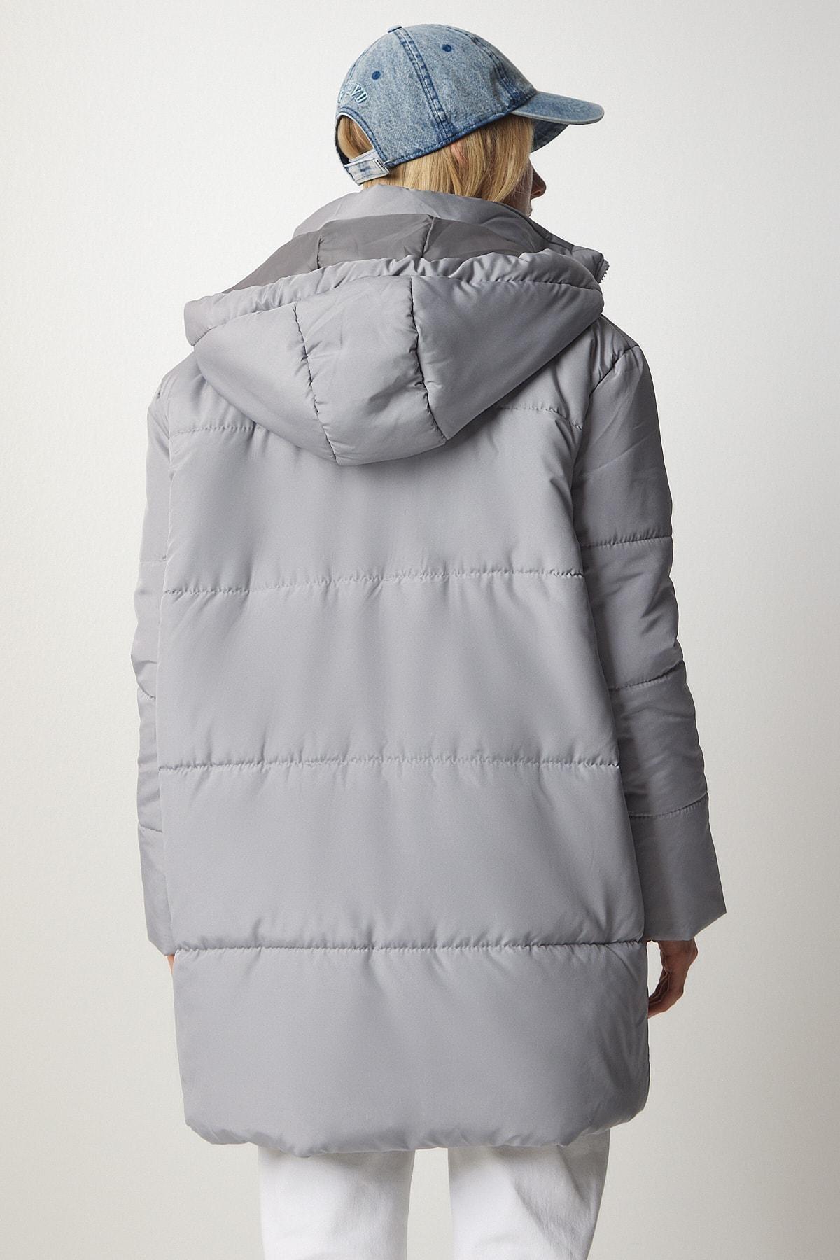 Happiness Istanbul - Grey Oversized Puffy Hooded Coat