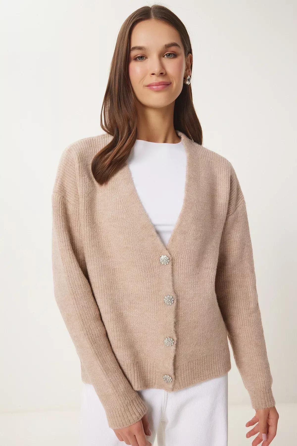 Beige Buttoned Knit Cardigan Women, Beige, large image number 0
