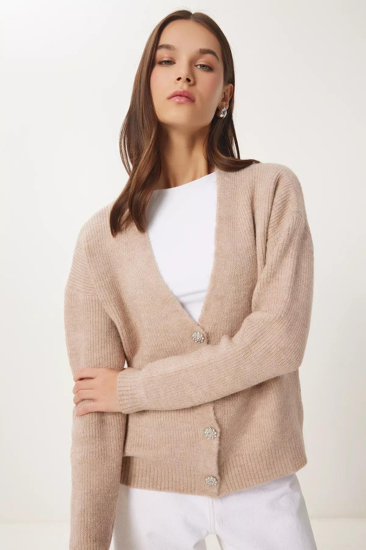 Beige Buttoned Knit Cardigan Women, Beige, large image number 1