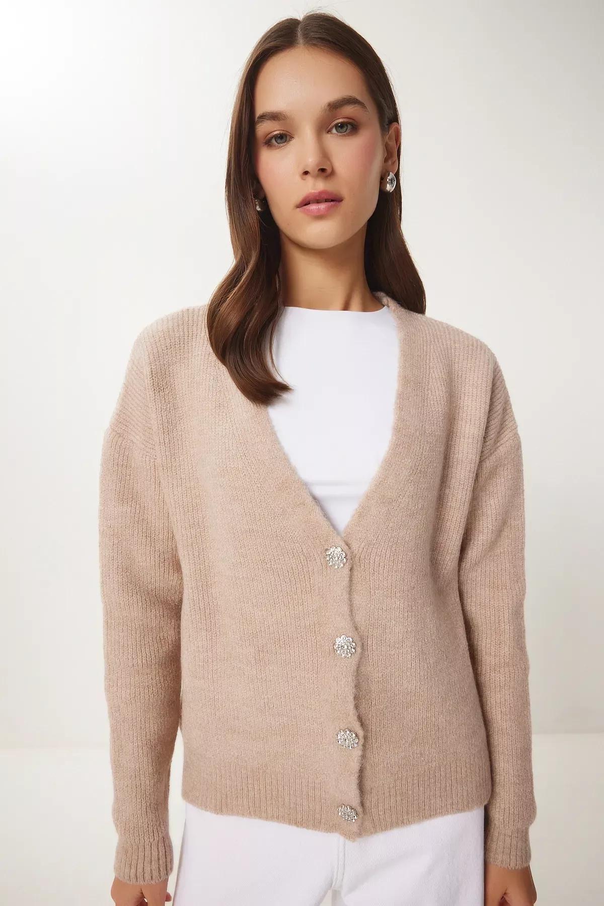 Beige Buttoned Knit Cardigan Women, Beige, large image number 3