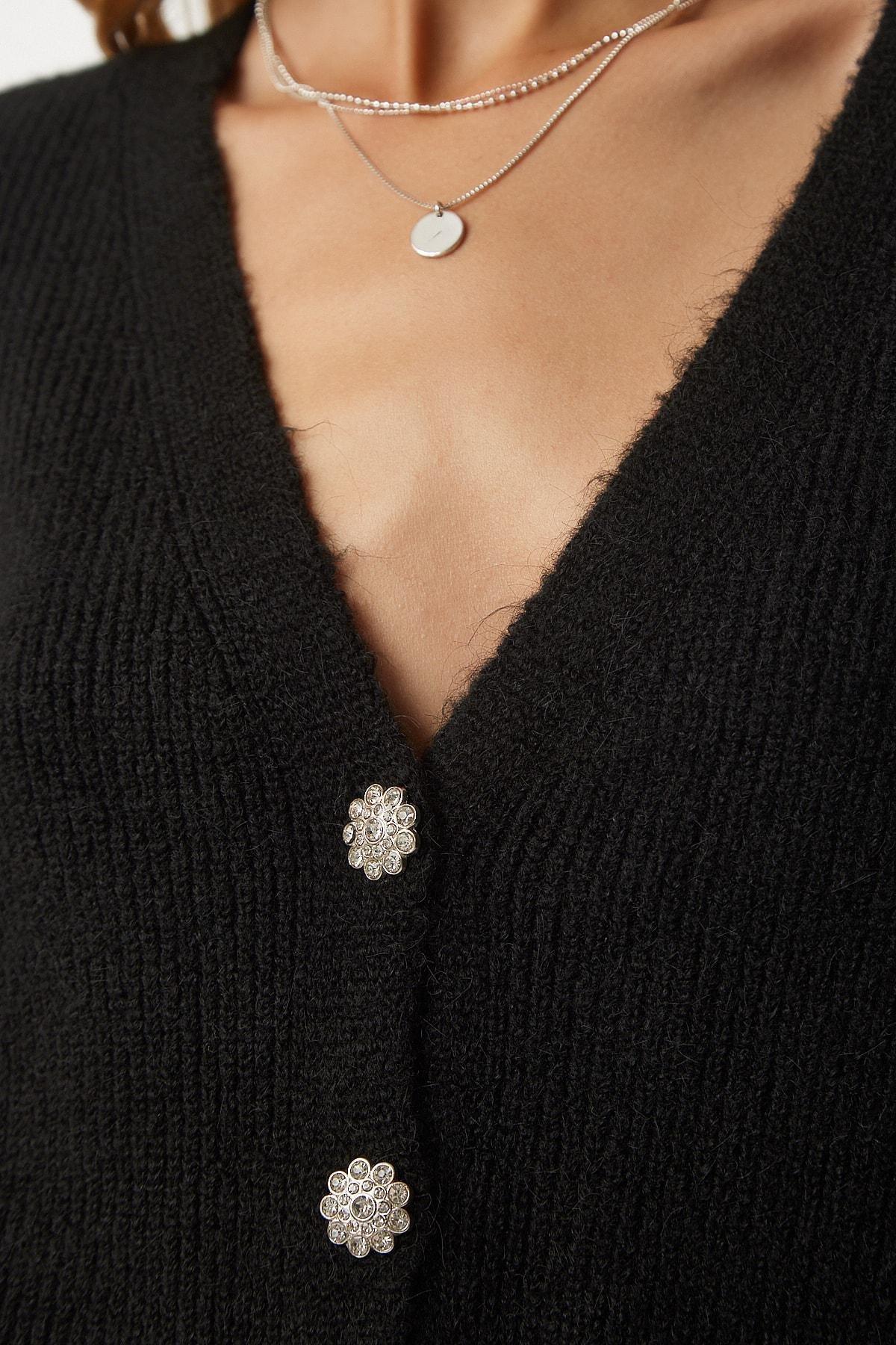 Black Stylish Buttoned Knitwear Cardigan, BLACK, large image number 3