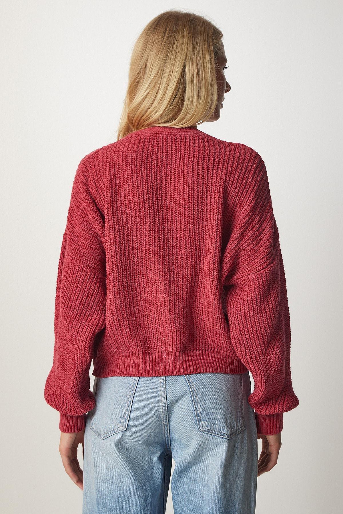 Pink Button V-Neck Orlon Cardigan, DARK PINK, large image number 2