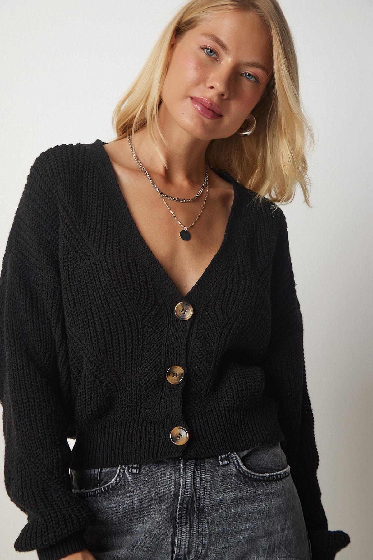 Black Button V-Neck Orlon Cardigan, BLACK, large image number 1