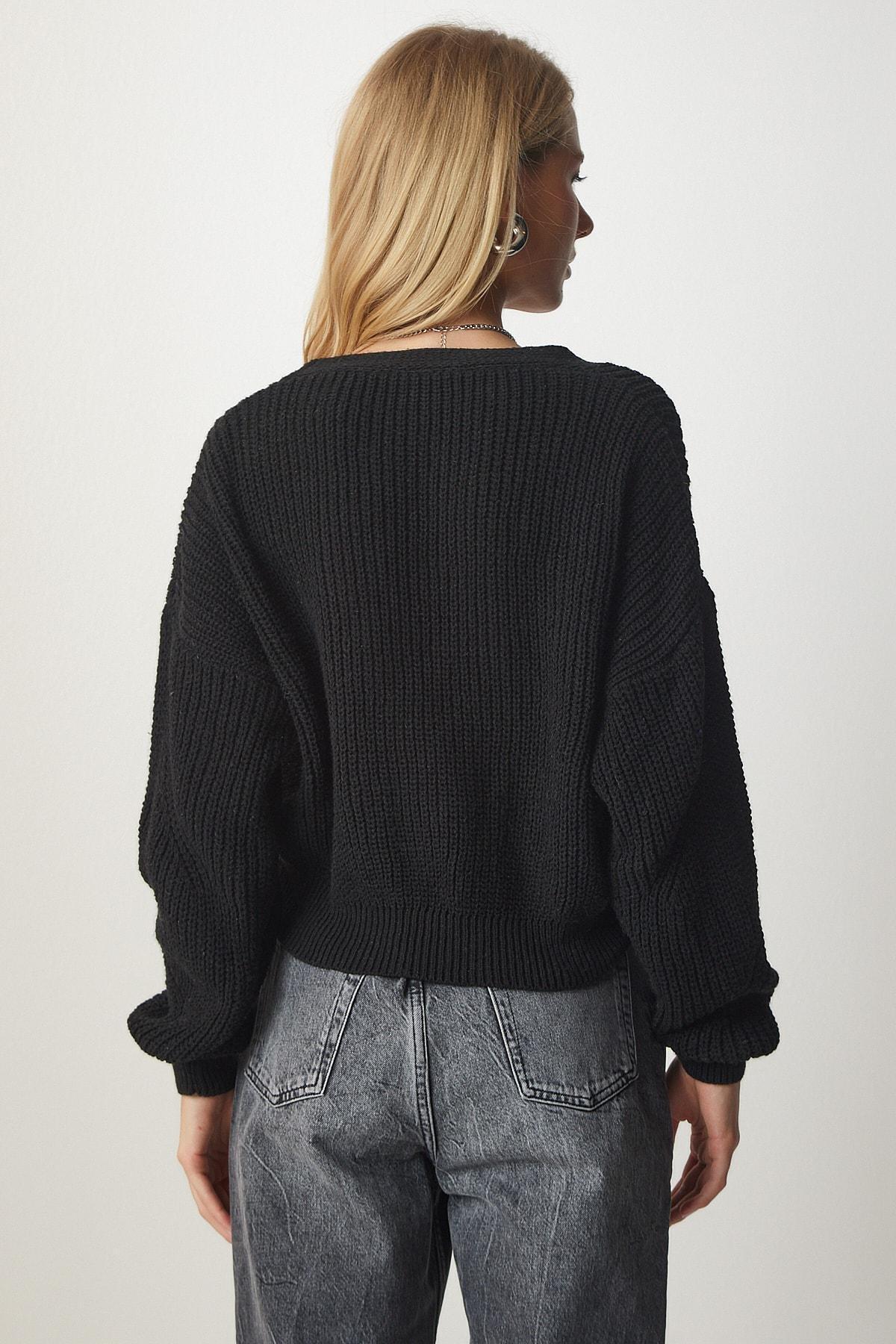 Black Button V-Neck Orlon Cardigan, BLACK, large image number 3