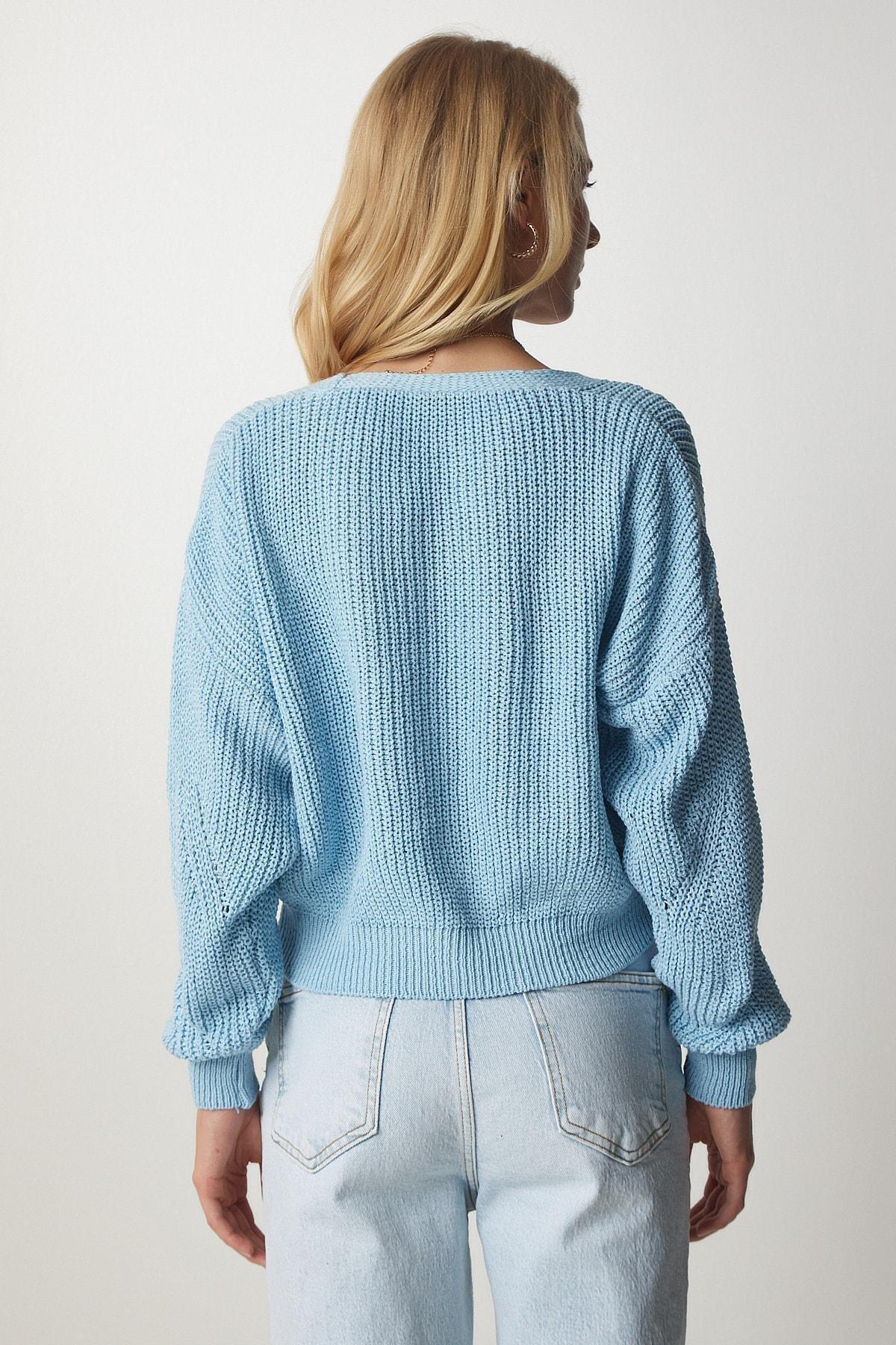 Blue Button V-Neck Orlon Cardigan, SKY BLUE, large image number 3