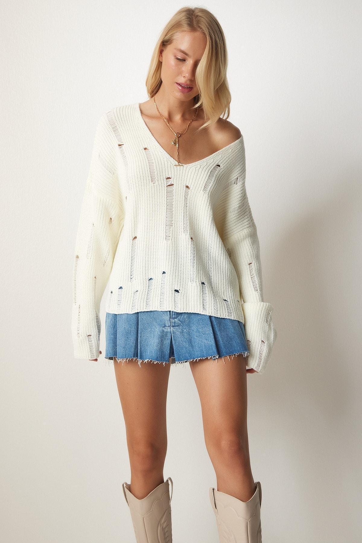 Cream Torn Detailed Knitwear Sweater, Bone, large image number 2