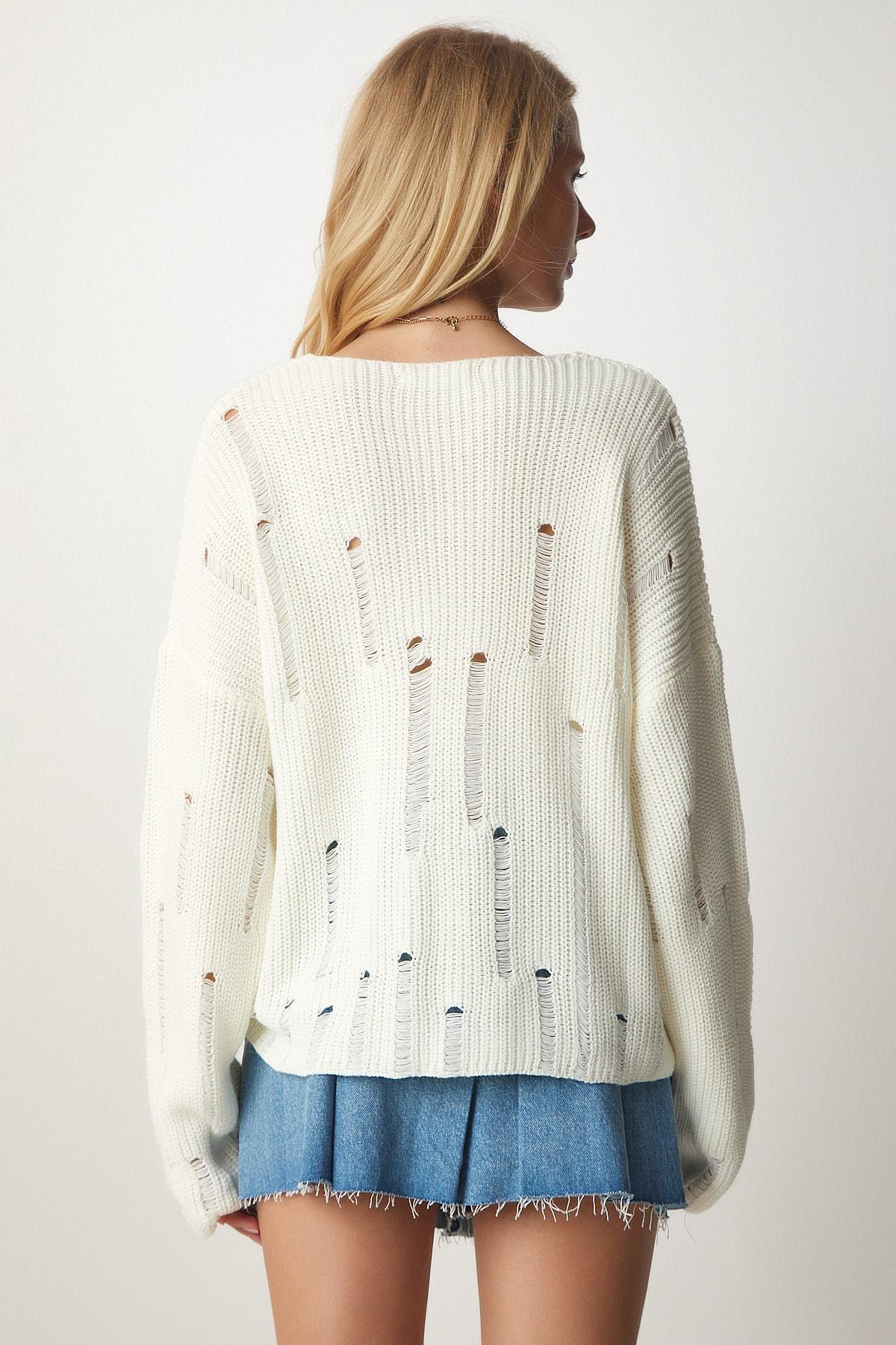 Cream Torn Detailed Knitwear Sweater, Bone, large image number 3