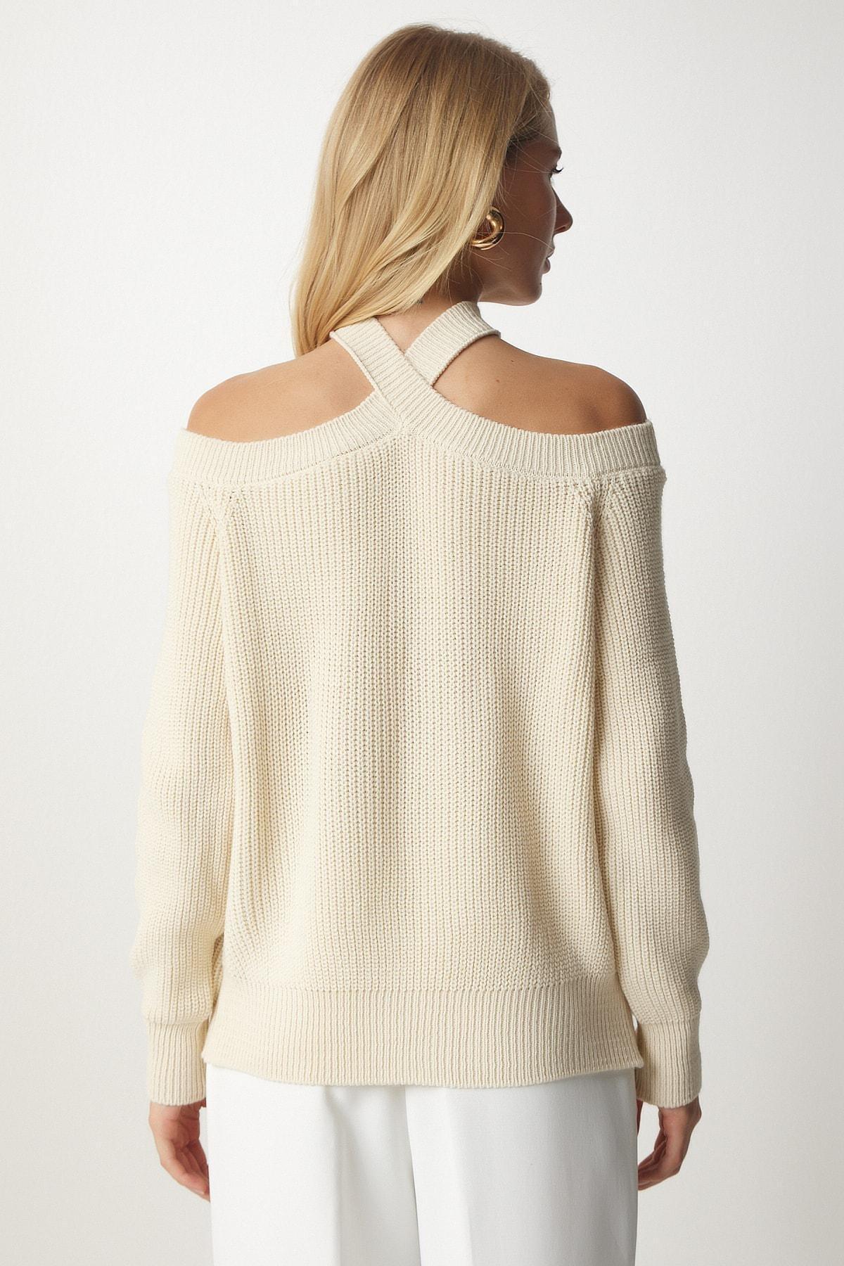 Cream Open Shoulders Knitwear Sweater, Cream, large image number 3