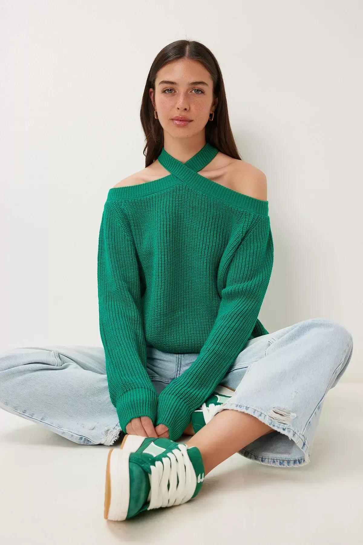Green Open Shoulders Knitwear Sweater, Dark green, large image number 0