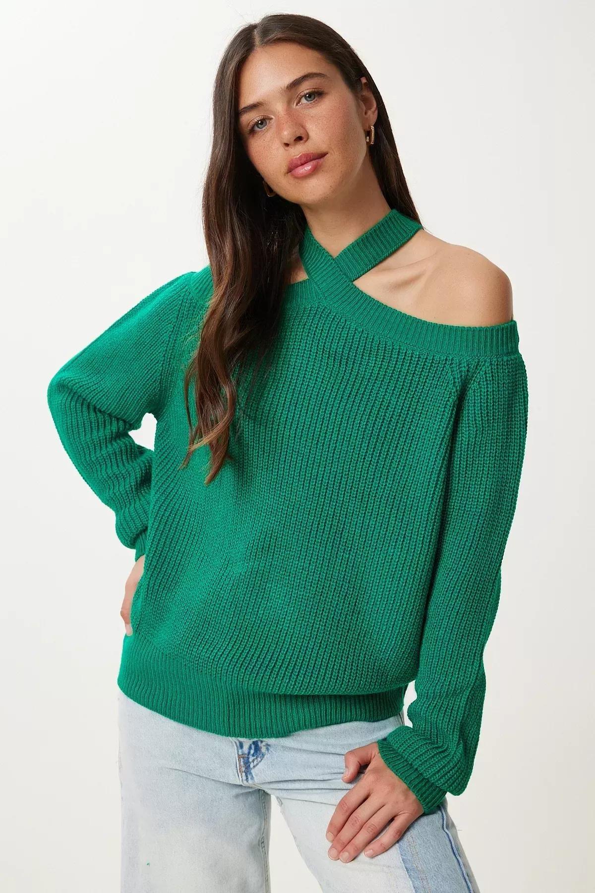 Green Open Shoulders Knitwear Sweater, Dark green, large image number 1