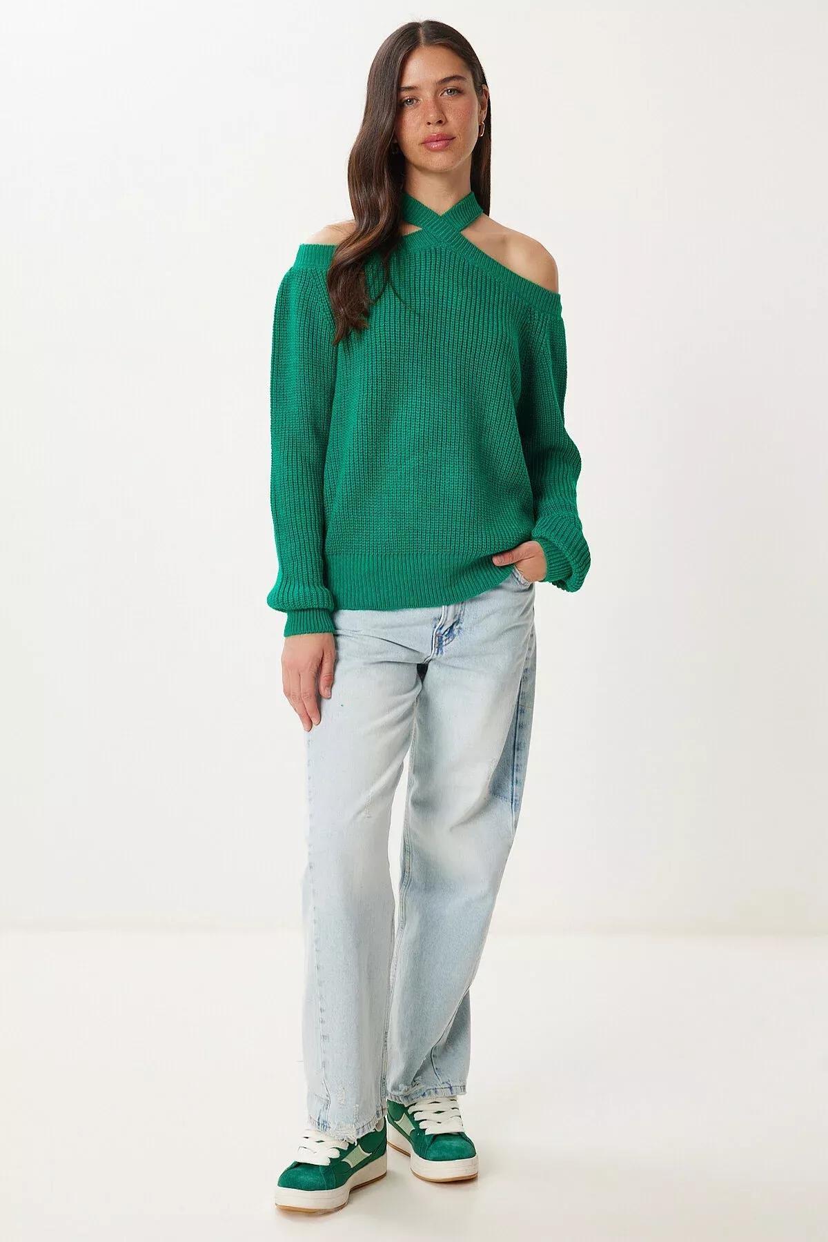 Green Open Shoulders Knitwear Sweater, Dark green, large image number 2