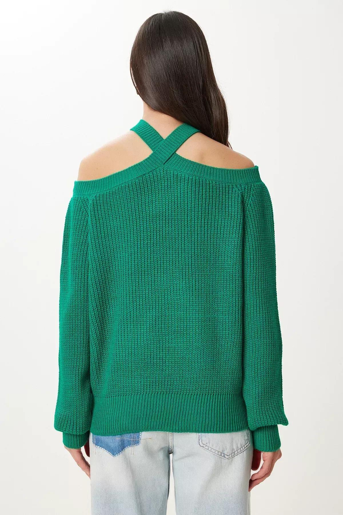 Green Open Shoulders Knitwear Sweater, Dark green, large image number 4