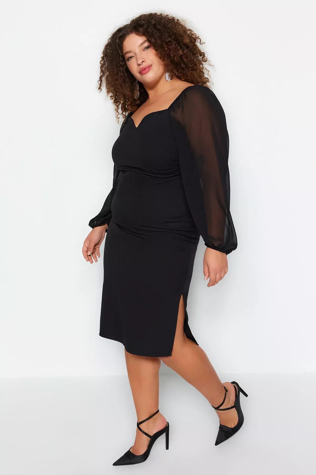 Black Fitted Midi Dress, , large image number 2