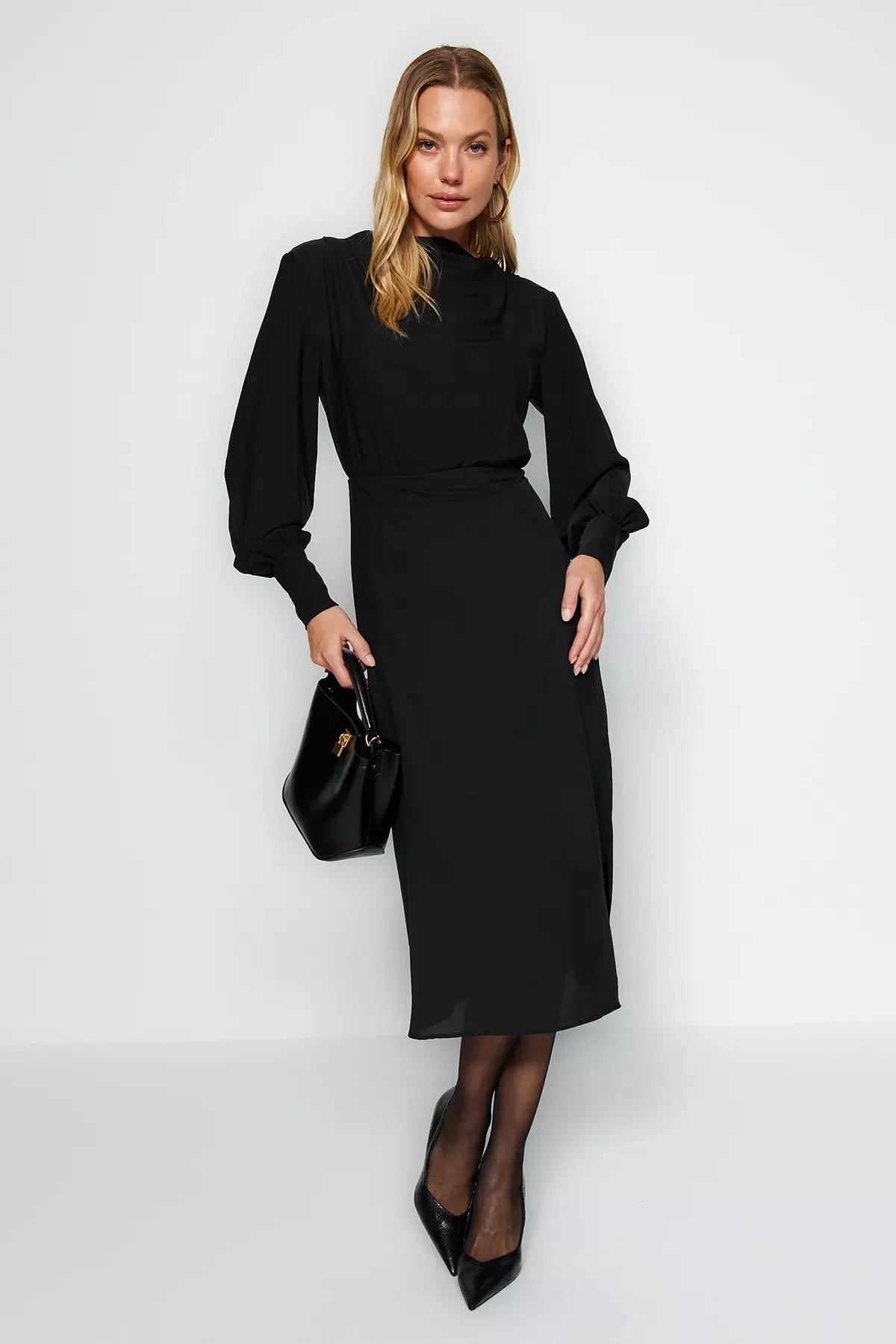 Black Midi Slit Woven Dress, BLACK, large image number 1