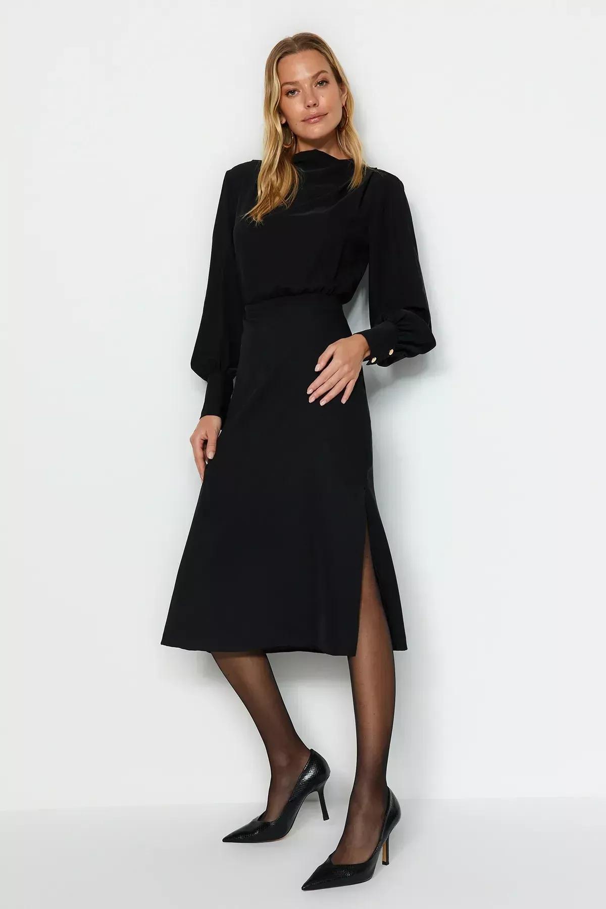 Black Midi Slit Woven Dress, BLACK, large image number 2