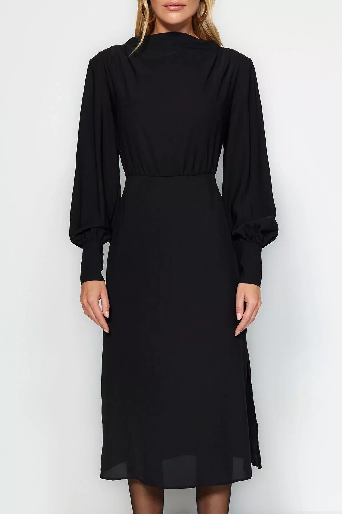Black Midi Slit Woven Dress, BLACK, large image number 3