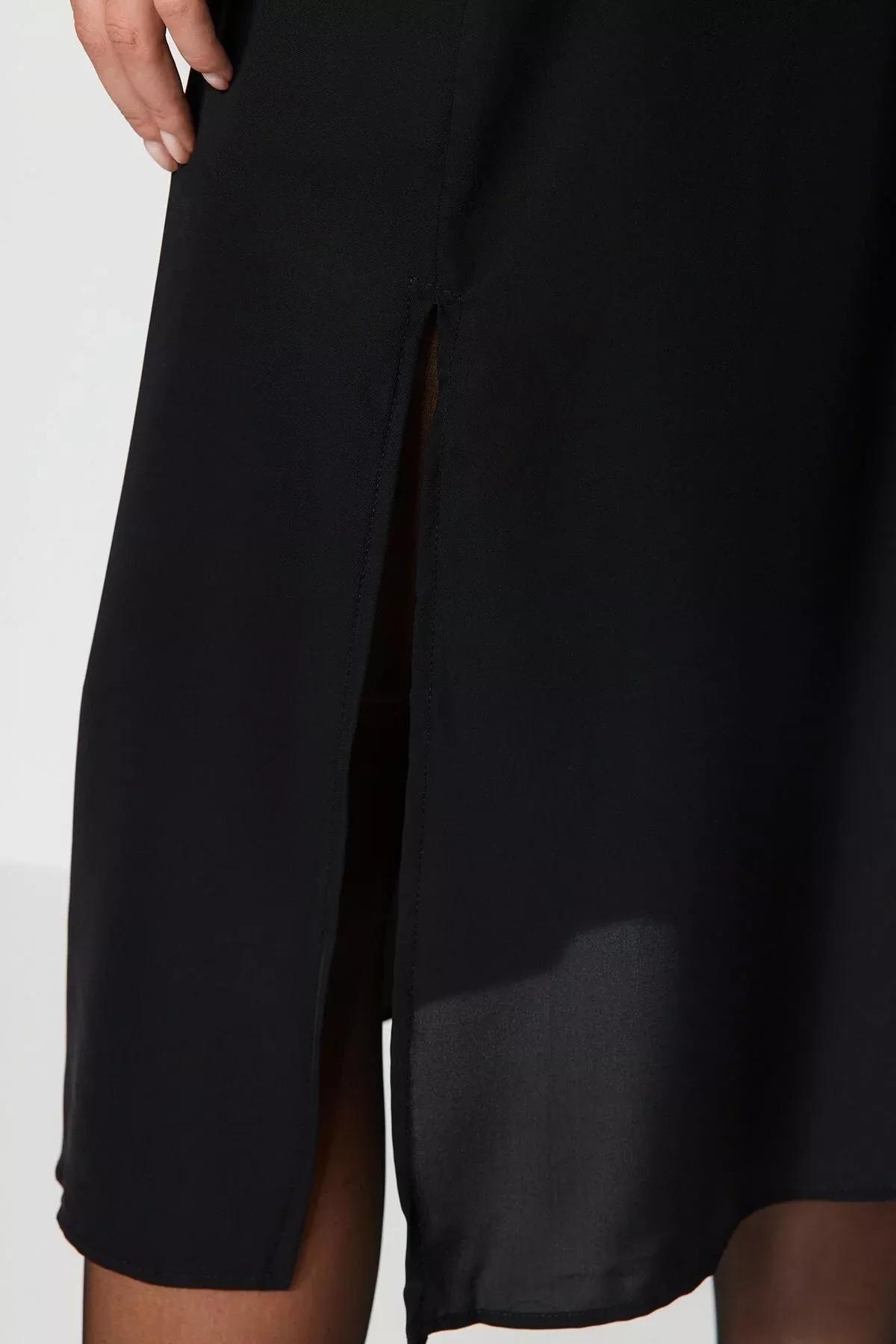 Black Midi Slit Woven Dress, BLACK, large image number 4