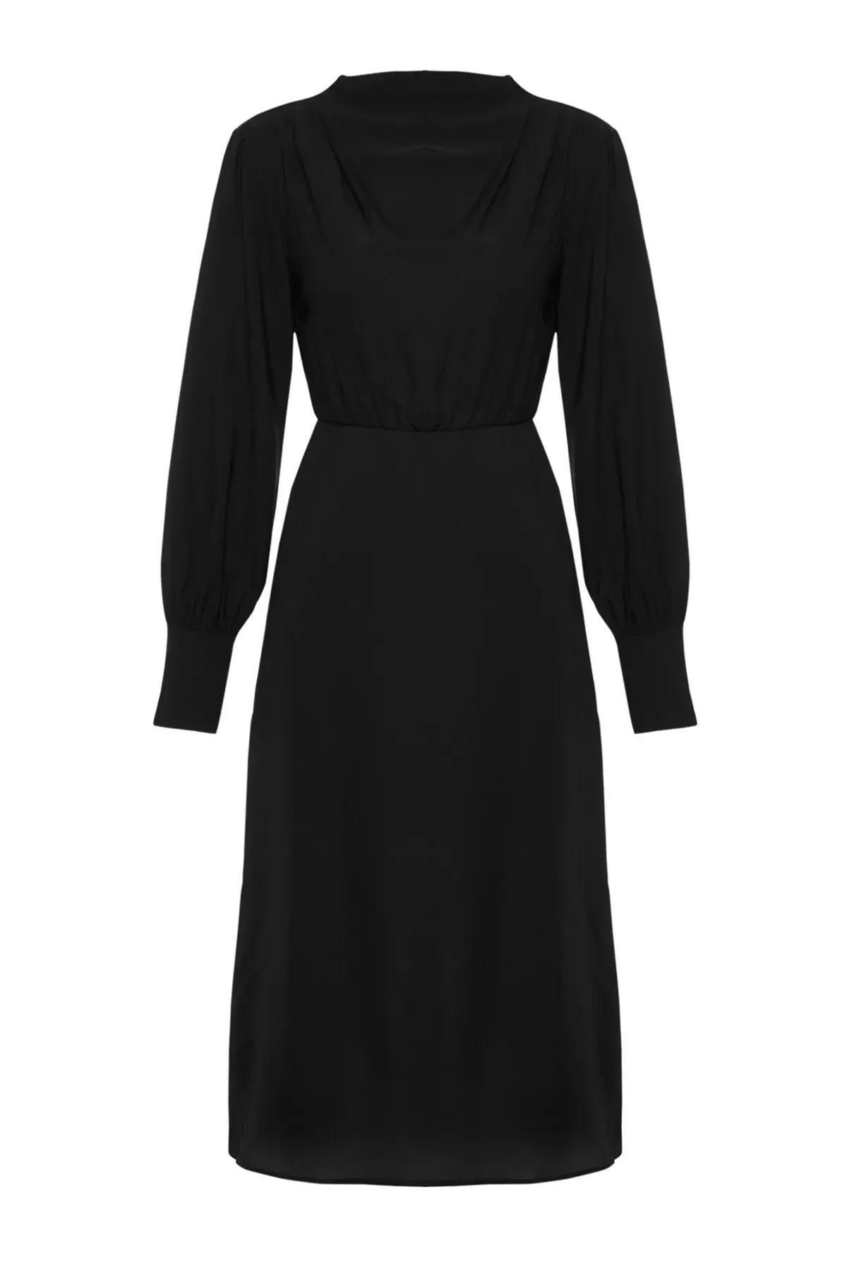Black Midi Slit Woven Dress, BLACK, large image number 5