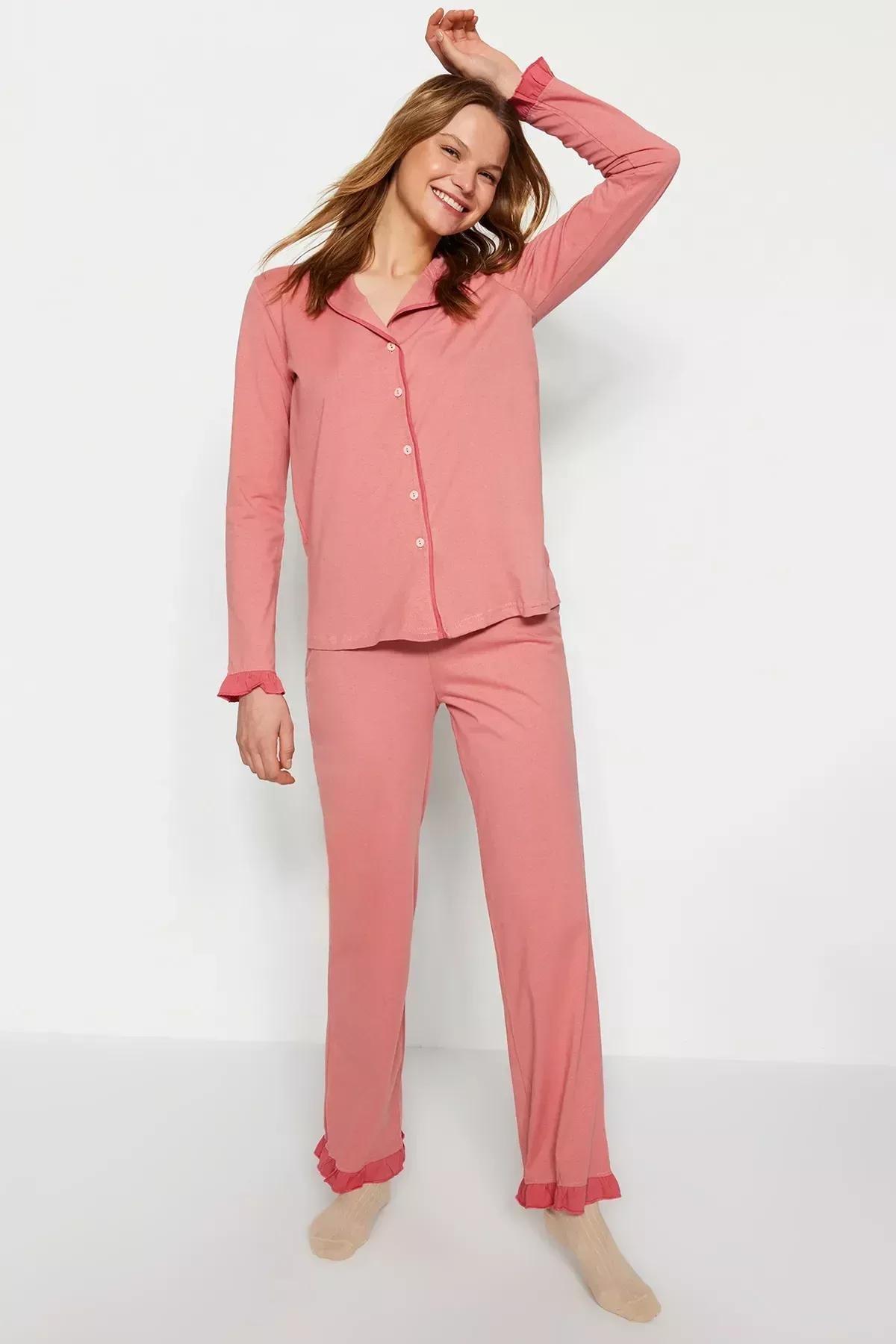 Dusty Rose 100% Cotton Ruffled Bias Shirt-Pants Knitted Pajama Set THMAW24PT00007, 2s, Pale pink, large image number 0