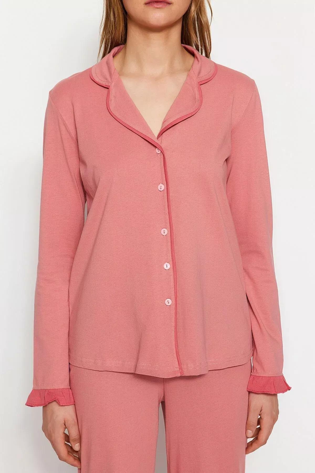 Dusty Rose 100% Cotton Ruffled Bias Shirt-Pants Knitted Pajama Set THMAW24PT00007, 2s, Pale pink, large image number 3