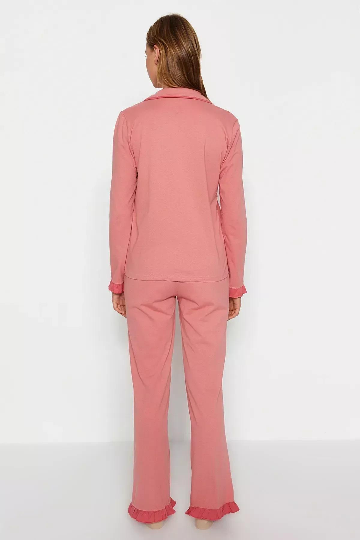 Dusty Rose 100% Cotton Ruffled Bias Shirt-Pants Knitted Pajama Set THMAW24PT00007, 2s, Pale pink, large image number 4