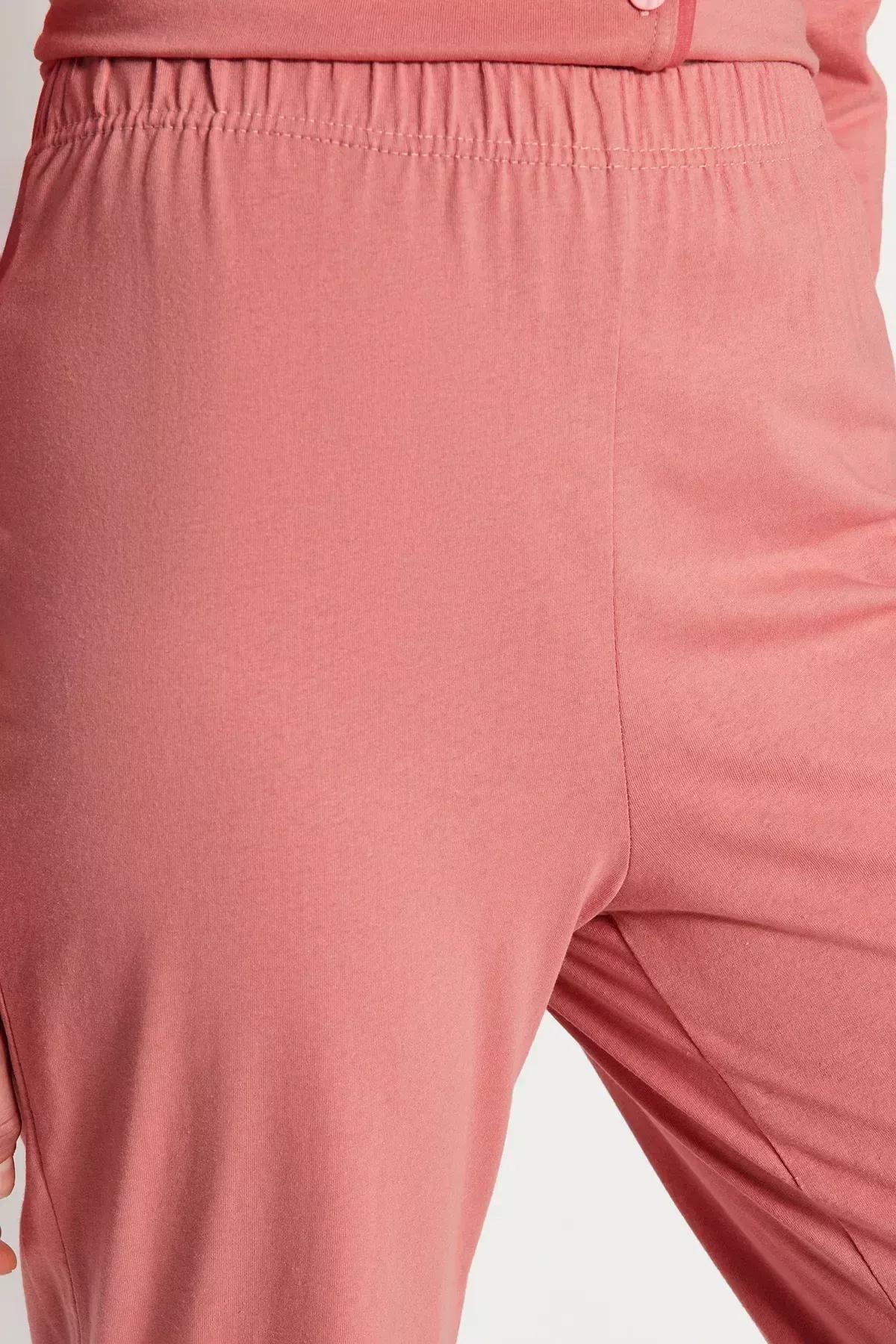 Dusty Rose 100% Cotton Ruffled Bias Shirt-Pants Knitted Pajama Set THMAW24PT00007, 2s, Pale pink, large image number 5