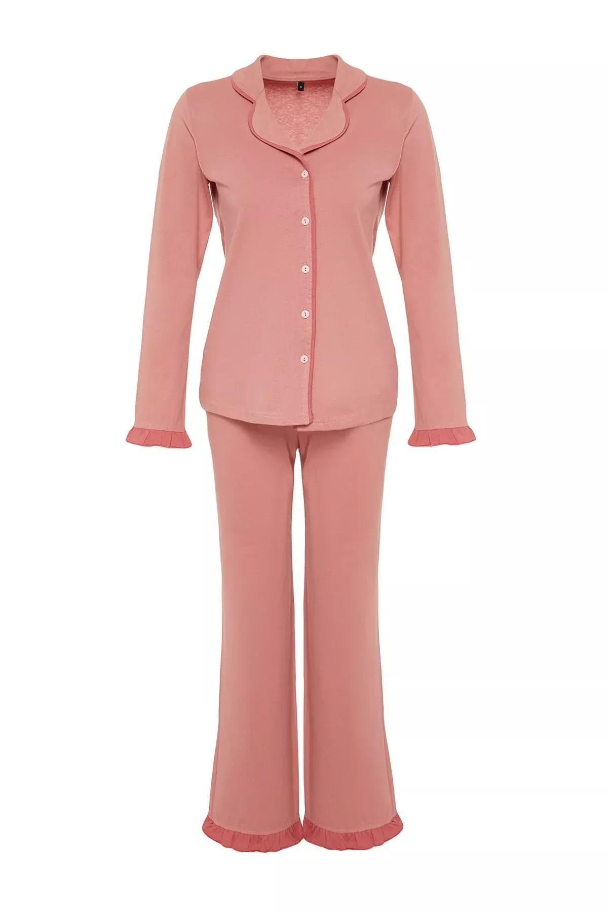 Dusty Rose 100% Cotton Ruffled Bias Shirt-Pants Knitted Pajama Set THMAW24PT00007, 2s, Pale pink, large image number 6