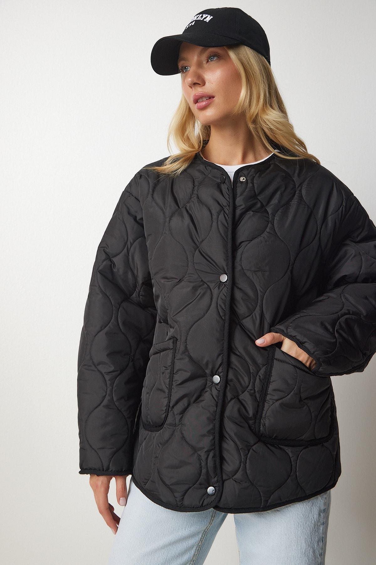 Black Oversized Quilted Coat, BLACK, large image number 0