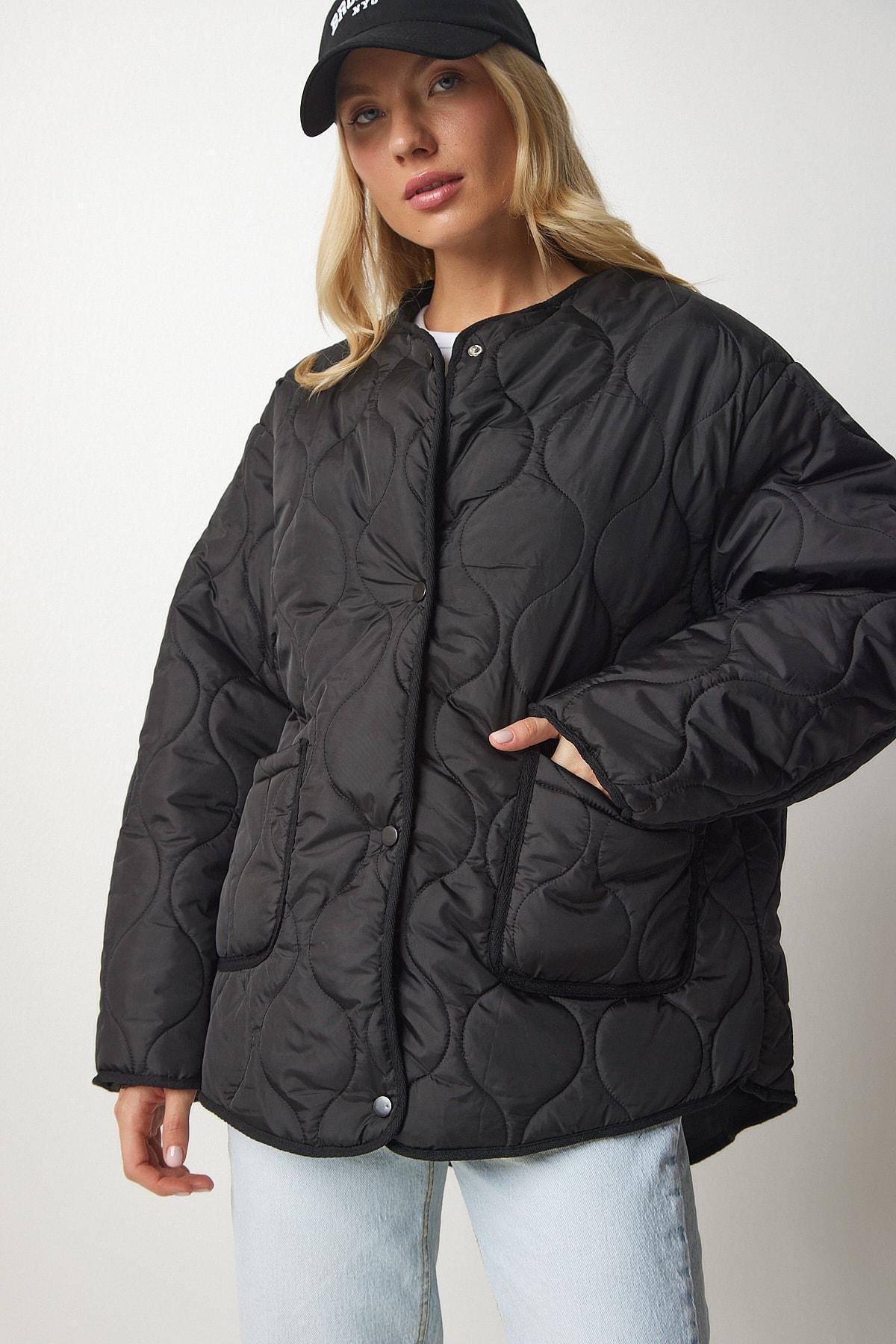 Black Oversized Quilted Coat, BLACK, large image number 3