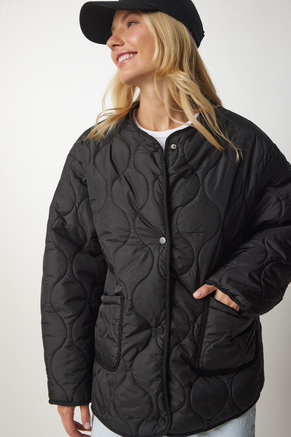 Black Oversized Quilted Coat, BLACK, large image number 4